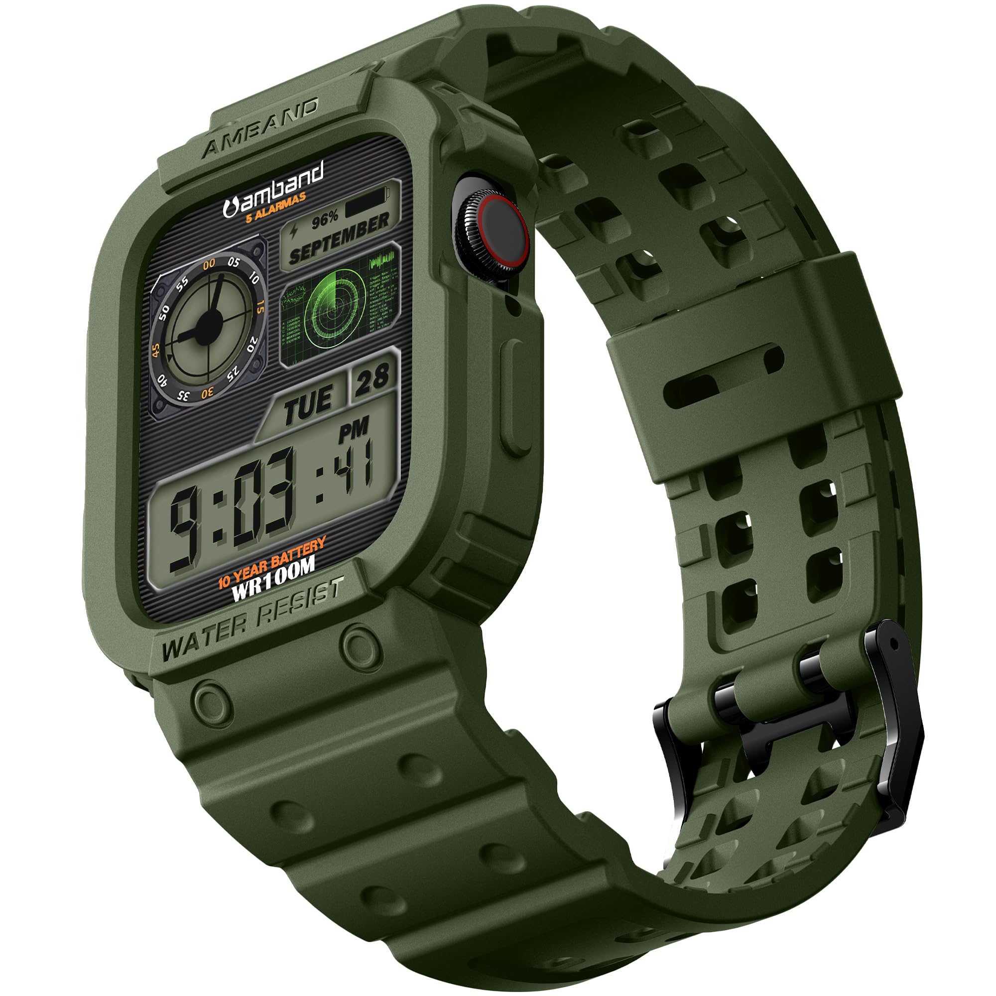 amBand Compatible with Apple Watch Band 45mm 44mm 42mm with Bumper Case, Rugged Men Bands for iWatch SE(3/2/1) Series 9 8 7 6 5 4 3 2 1, Sport Military Protective Cases Drop-proof Shockproof Green