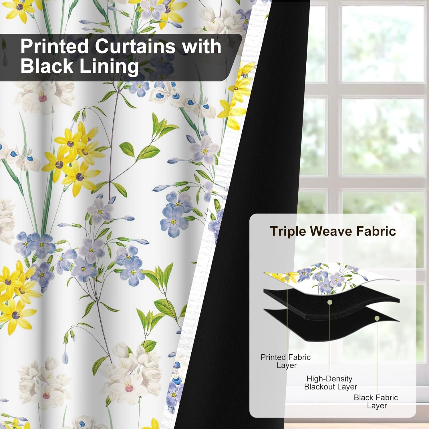 Spring Floral Blackout Curtains for Bedroom and Living Room, Farmhouse Thermal Insulated Black Out Curtains 84 Inch Length 2 Panels Set, Soundproof Room Darkening Windows Curtains with Two Tiebacks