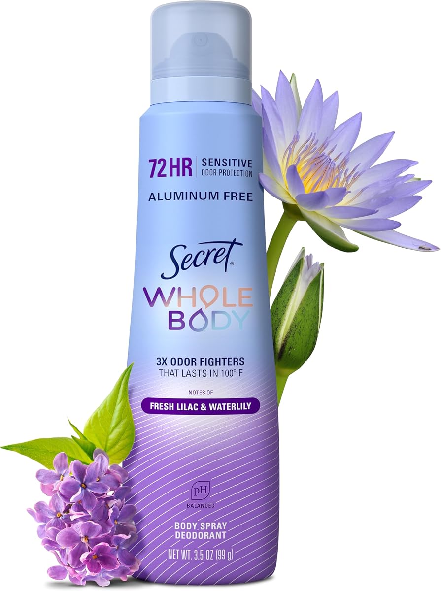 Desodorante en spray para todo el cuerpo sin aluminio para mujeres, frescura sensible y defensa del olor durante 72 horas, PH equilibrado, protección invisible, seguro de usar en todas partes, aroma fresco a lila y nenúfar, 3.5 oz