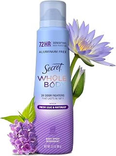 Secret Whole Body Aluminum-Free Deodorant Spray for Women - 72Hr Odor Defense, pH Balanced Fresh Lilac & Waterlily, Sensitive Skin Safe 3.5oz