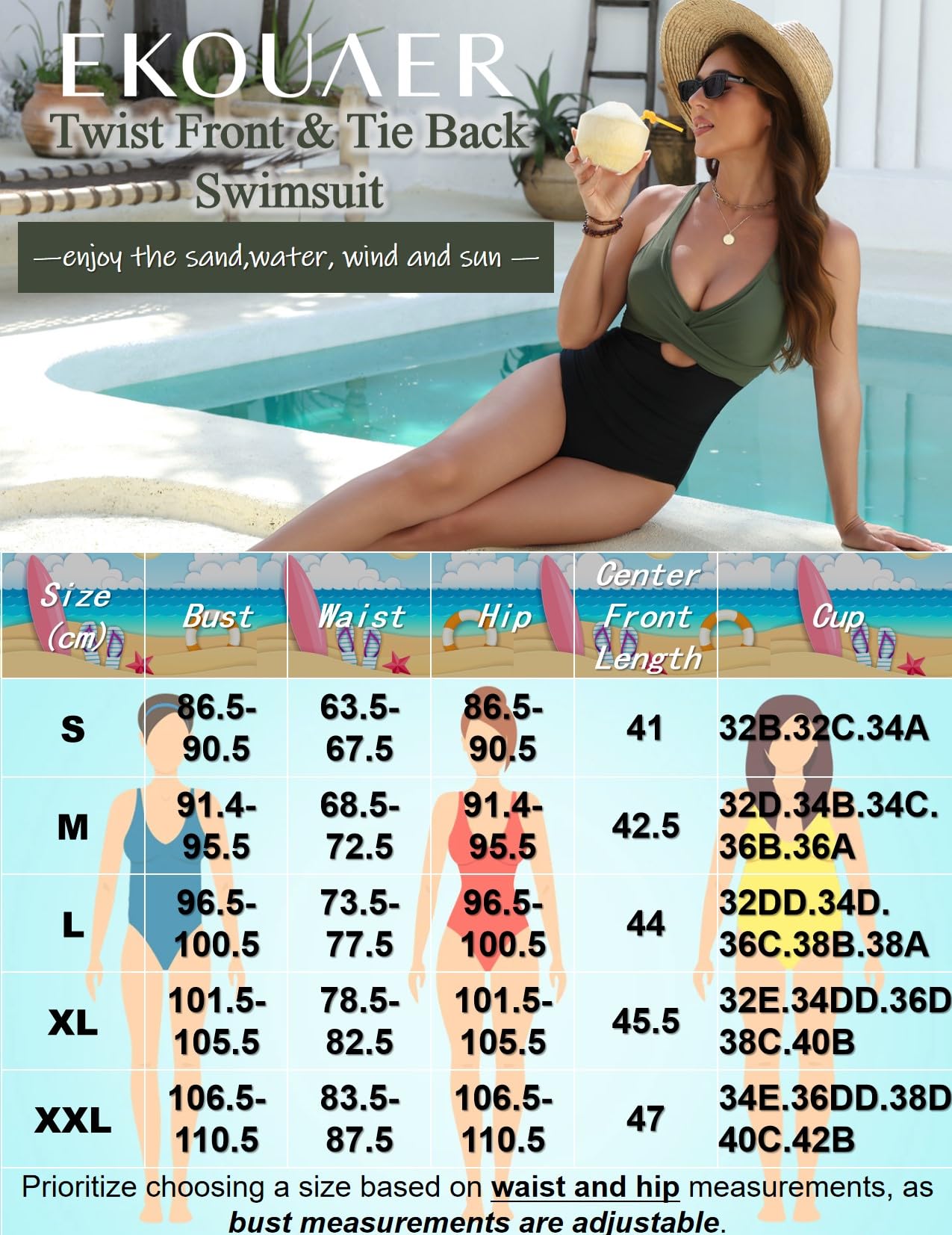 Ekouaer Badeanzug Damen Bauchweg V Ausschnitt Raffung Bademode Einteiliger Swimsuit mit Schnürung Push up Schwimmanzug S-XXL