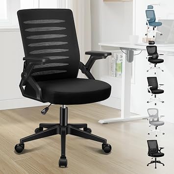 ELFORDSON Ergonomic Office Chair, Mid-back Swivel Desk Chairs for Home Office, Height Adjustable Mesh Computer Chair with 90  Flip-up Armrest and Padded Seat Cushion, Black