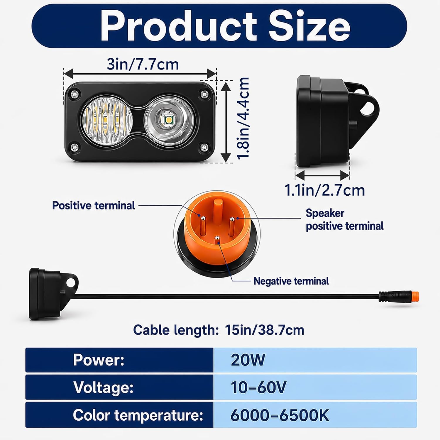 20W 6000-6500K Ebike Light for Baja, 12-60V Waterproof 3 Pin Ebike Headlight, LED Headlight Upgrade Kit for Ridstar Q20, RadRunner RadMini RadRover RadExpand Ebike