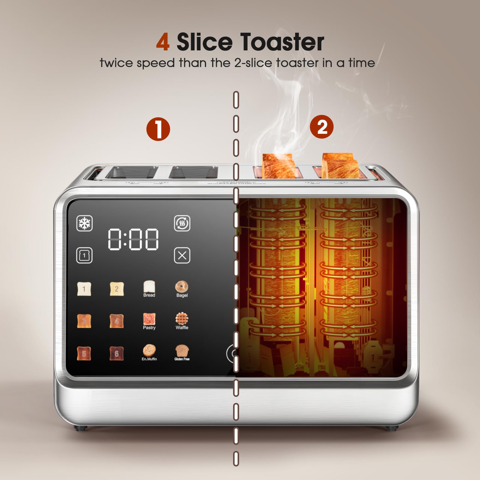 tostapane touch screen, 4 fette, tostapane digitali intelligenti in acciaio inossidabile con torrefazione a singola scanalatura, 6 tipi di pane e 6 impostazioni dell'ombra, tostapane da 1,5 pollici, 4