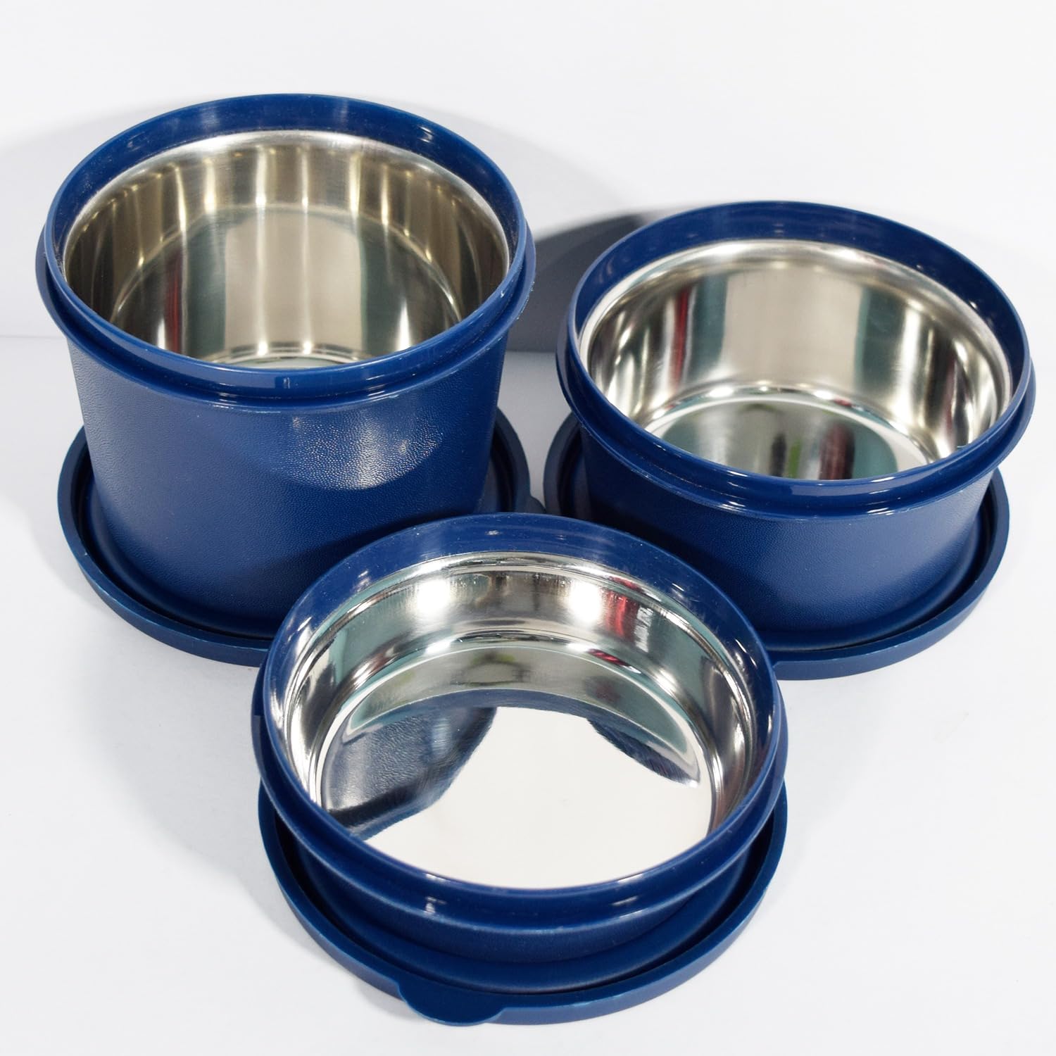PRESCO Stainless Steel Teso Container Set | Microwave Safe and Dishwasher Safe Food Storage Bowls with Airtight Lids | Leak-Resistant Lunch Bowls (Set of 3) (Blue)