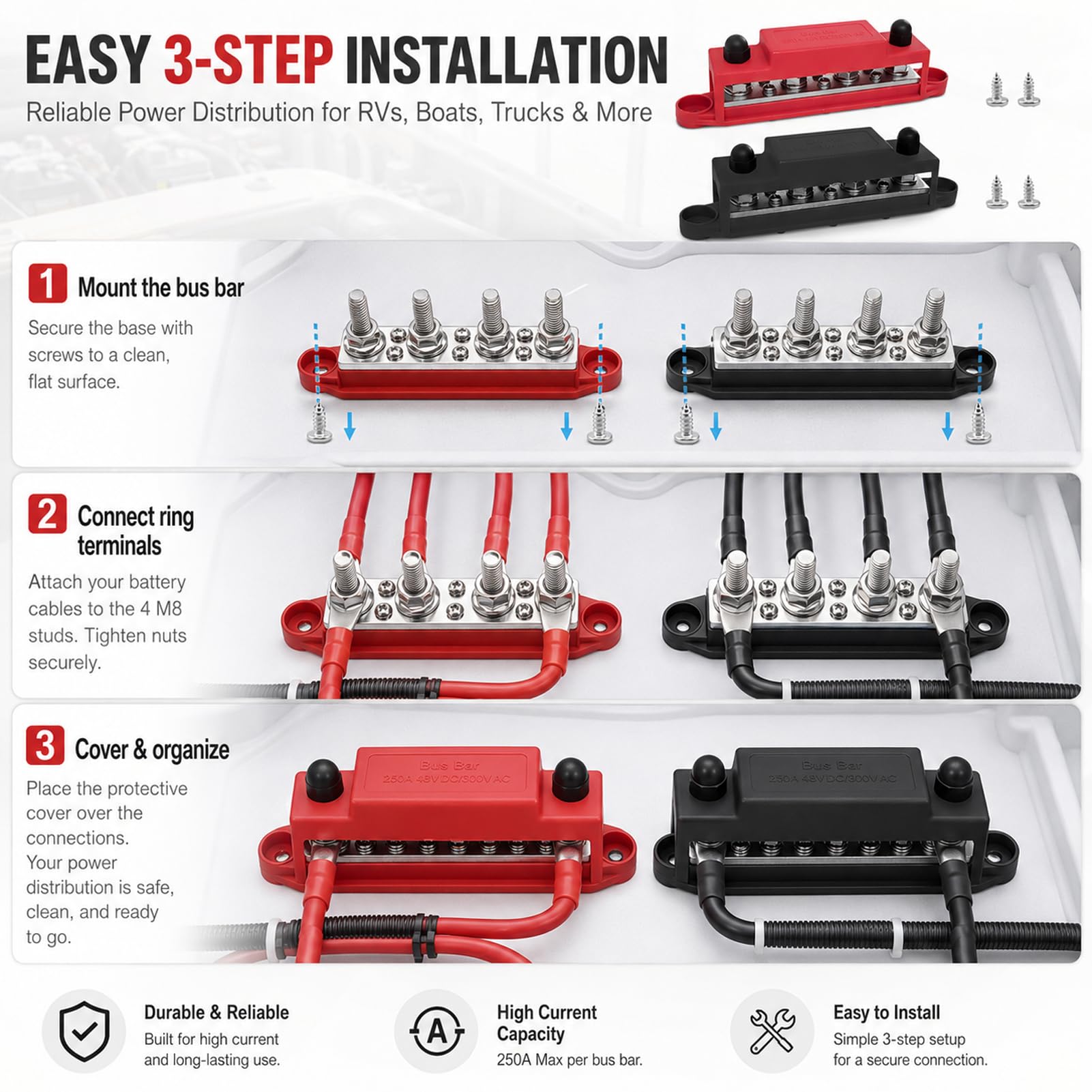 Busbar 12V, Bornier 12V, 2 pièces Bus Bar 250A, Bloc Distribution Camion, Bornier 4 Bornes M8, Bloc de Jonction de Batterie Robuste avec Couverclepour Voiture, Camion, Bateau, Solaire