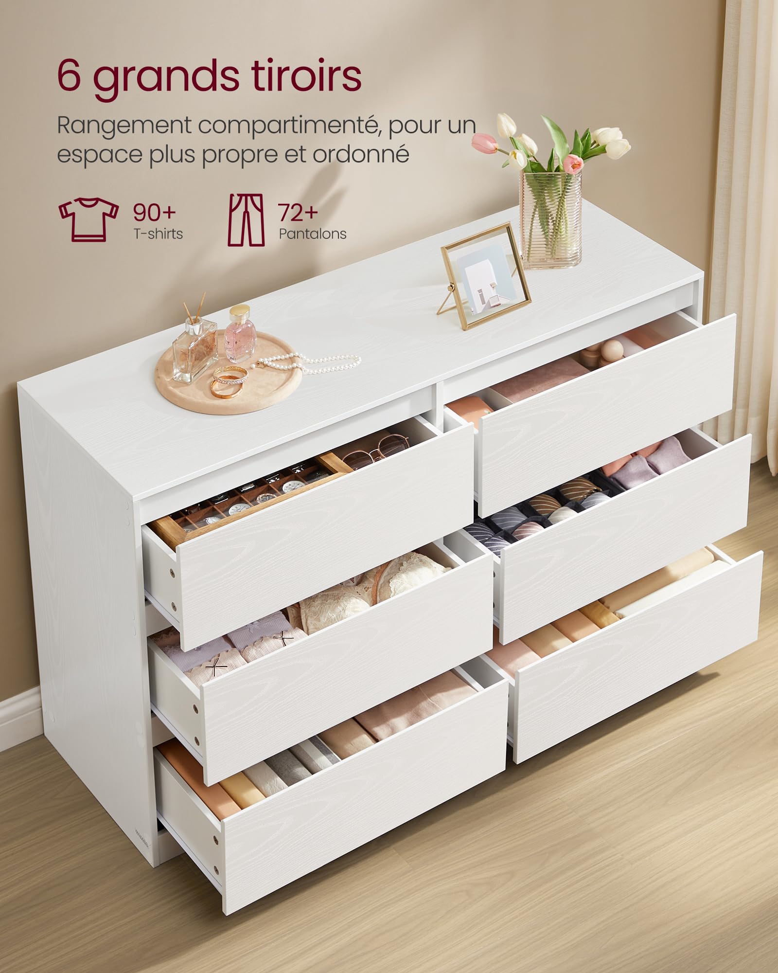 VASAGLE Kailyn Collection - Commode Chambre 6 Tiroirs, Armoire de Rangement, Meuble à Vêtements, 40 x 119,4 x 75 cm, Style Moderne, Blanc Neige LTS616W01