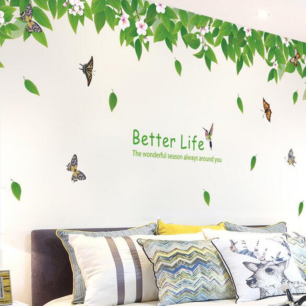 Removable Green Leaves Tree Butterflies Wall Decal | DIY Nursery, Bedroom, Living Room Decor | Repositionable Sticker
