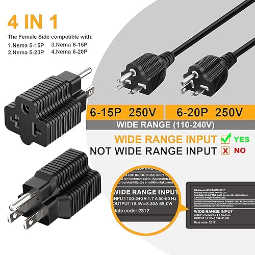 Miniatura 5 de [Paquete de 10] Enchufe de CA 4 en 1 de 15 amperios para el hogar a adaptador de hoja T de 20 amperios, 5-15P a 5-20R, 5-15P a 6-20R, adaptador de