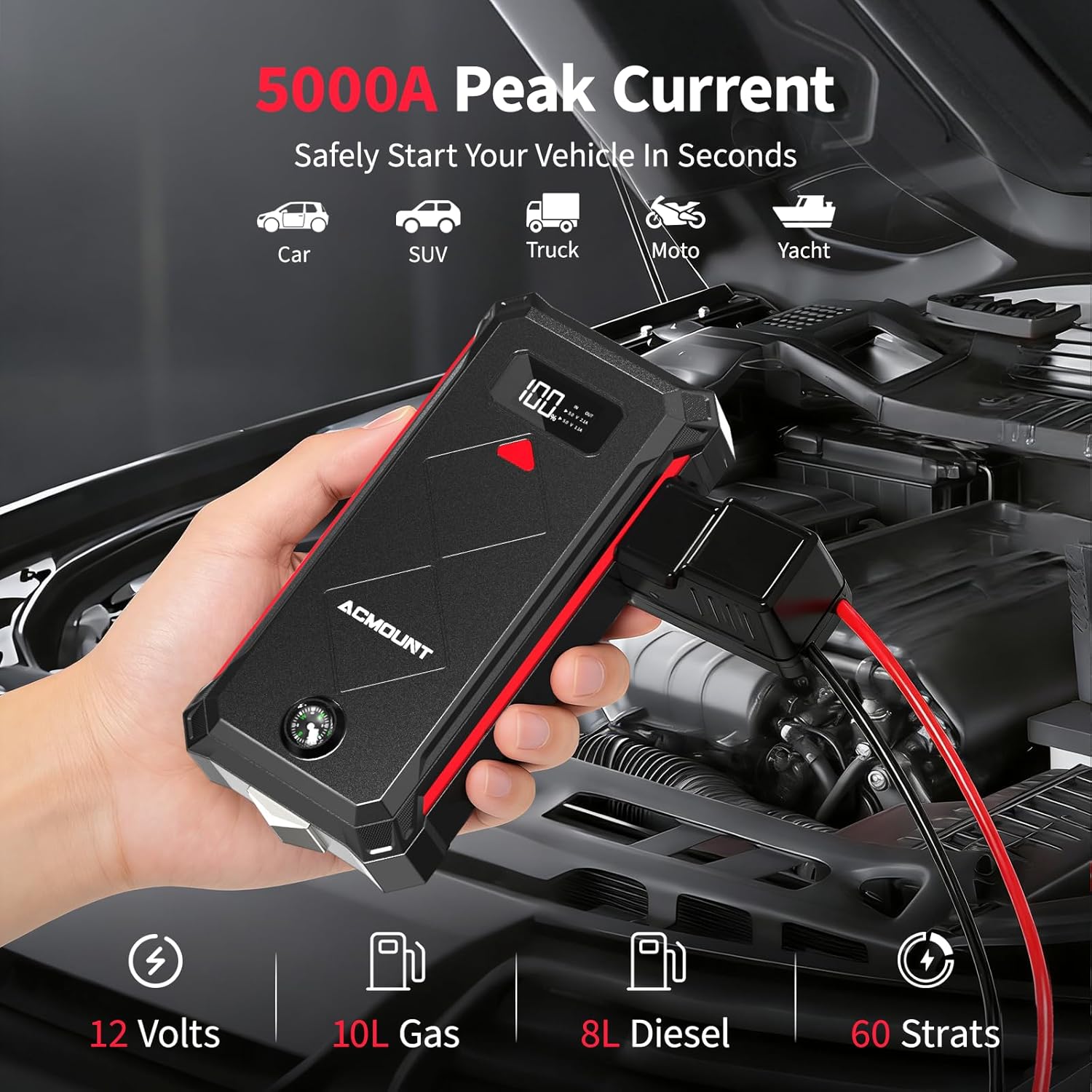 Acmount P100 Car Jump Starter, 5000A Peak Lithium Jump Starter Battery Pack for Up to 10.0L Gas or 8.0L Diesel Engine, Safe 12V Portable Battery Starter Power Pack with LED Screen & LED Light thumbnail