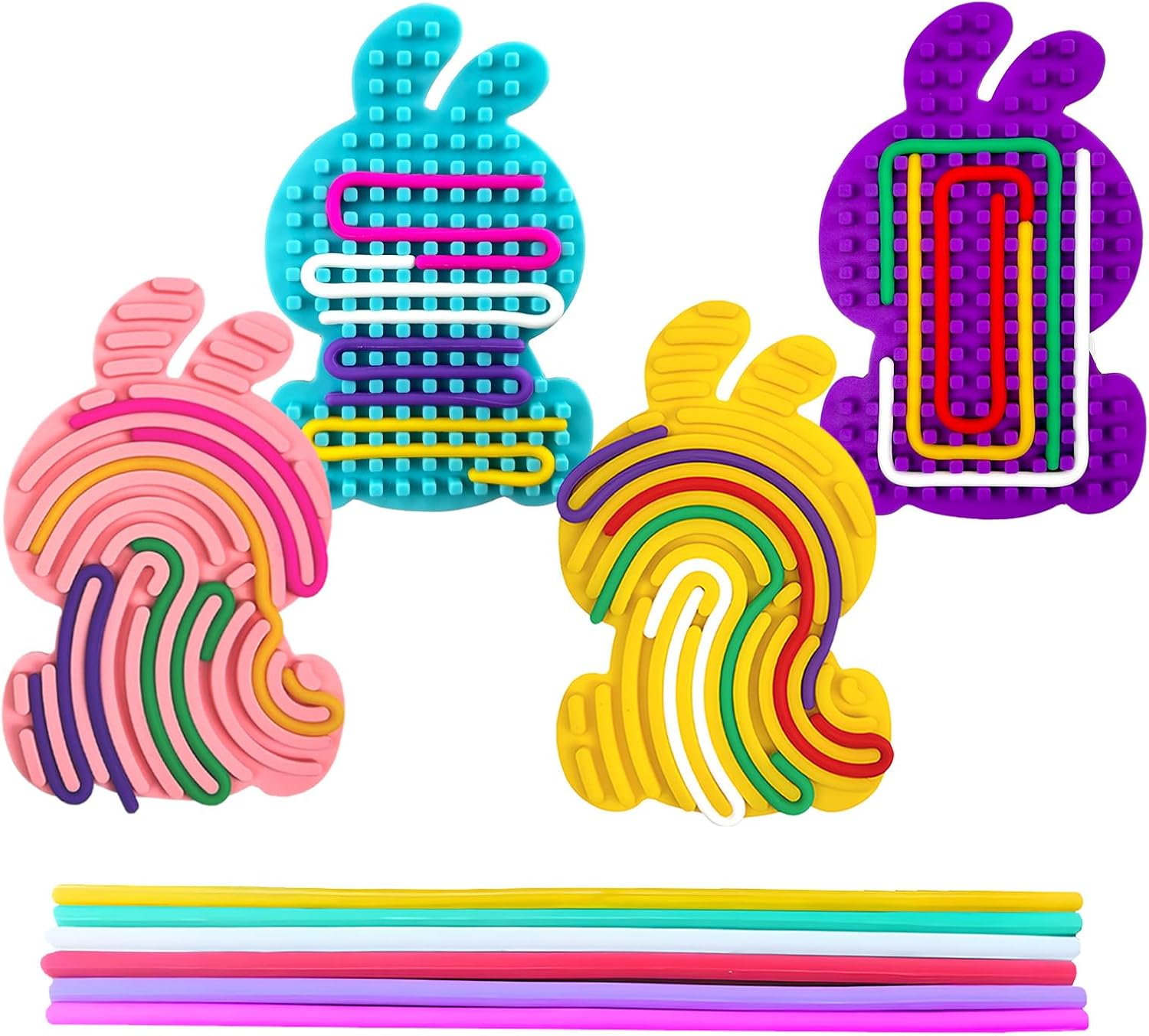 YQUQWN Easter Bunny Sensory Activity Board 4 Pcs Double Sided Silicone Fidget Toy with 24 Silicone Strings for Kids Boys Girls Calming for Anxiety Easter Basket Stuffers Party Favors Gifts