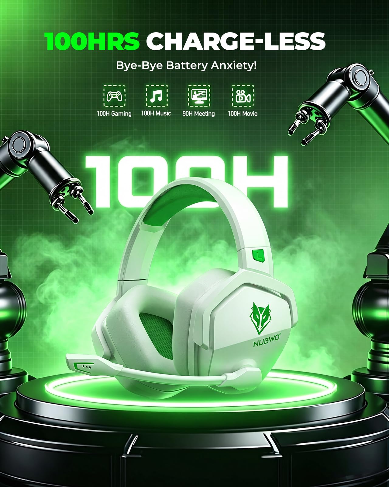 NUBWO G06 - Auriculares inalámbricos para videojuegos con micrófono para Xbox PS5, PS4, PC, 23 ms de baja latencia, 100 horas de reproducción, controlador de 50 mm, color blanco y verde
