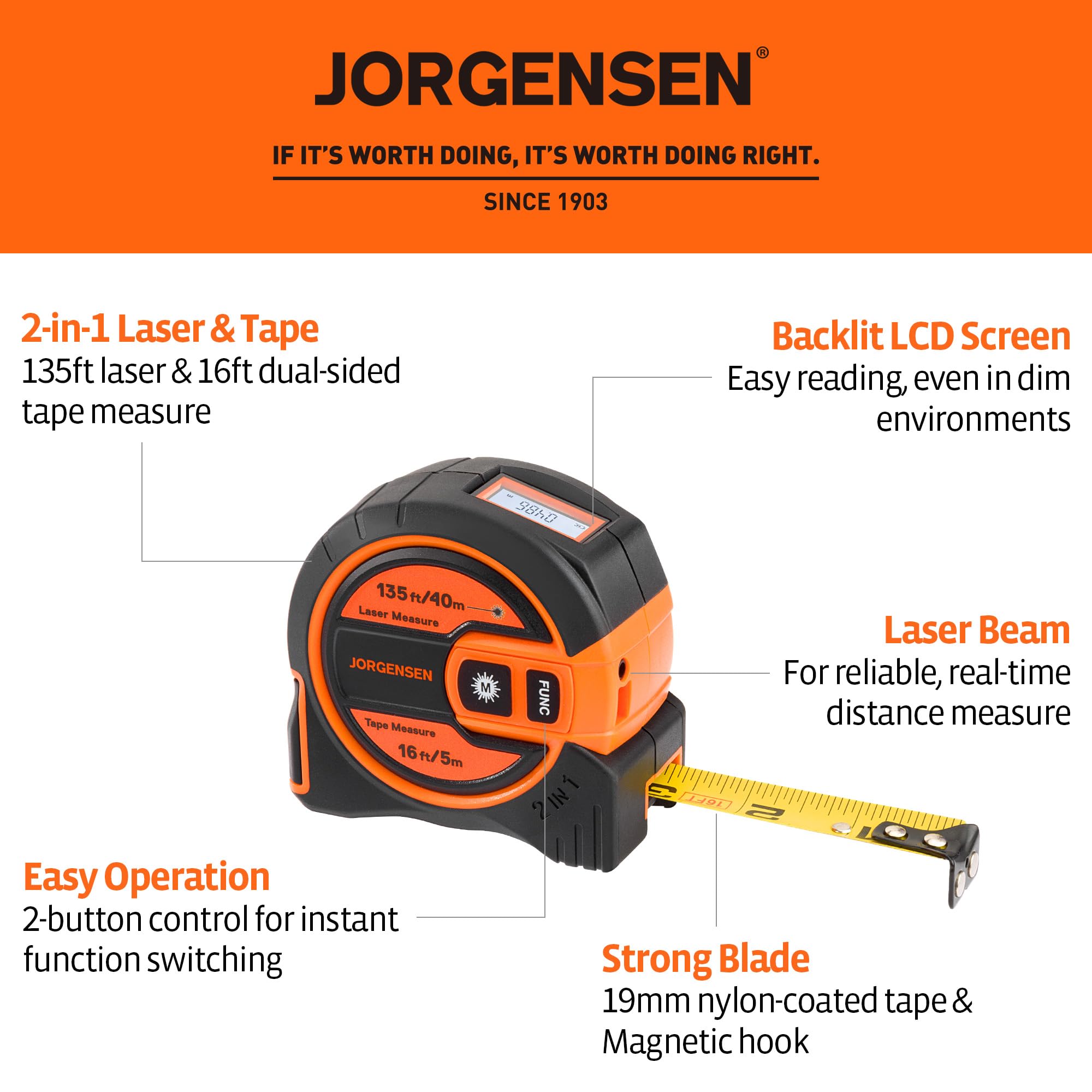 JORGENSEN 2-in-1 Laser Tape Measure, 135Ft Measuring Laser &16Ft Tape — Amazon image 2