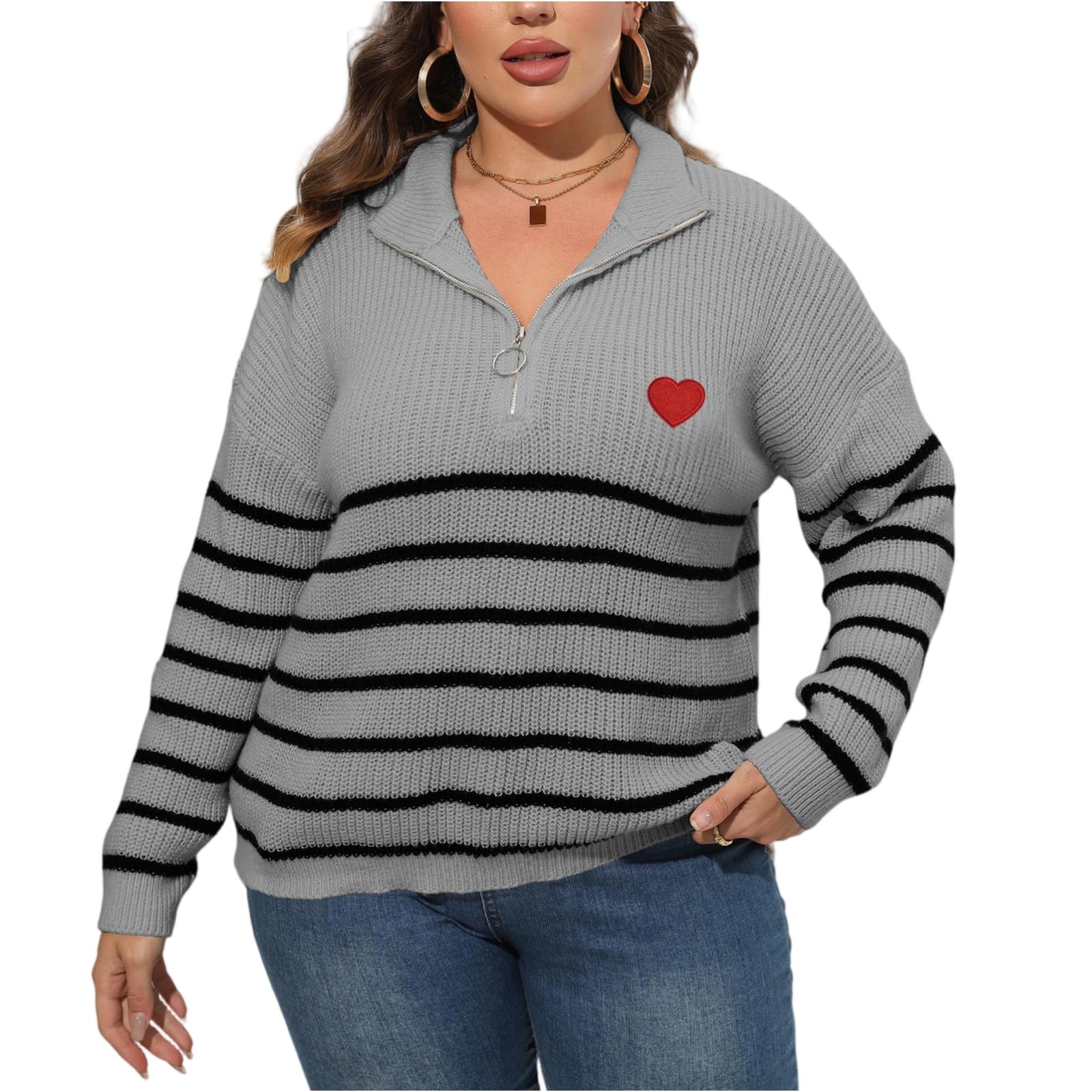Striped Sweater Women Quarter Zip Pullover Chunky Knit Heart Sweater V Neck Oversized Sweaters Winter Plus Size Sweaters