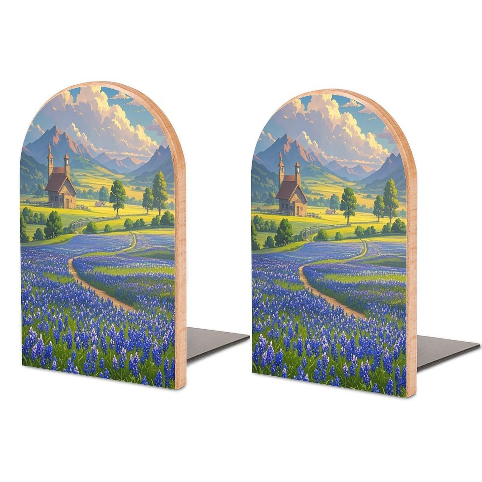 Texas Bluebonnets Scenery Book Ends Wood Non-Skid Bookend for Shelves Heavy Duty Bookends with Metal Base Decorative Books Stopper Desk Organizers Book Dividers for Office Home 1 Pair