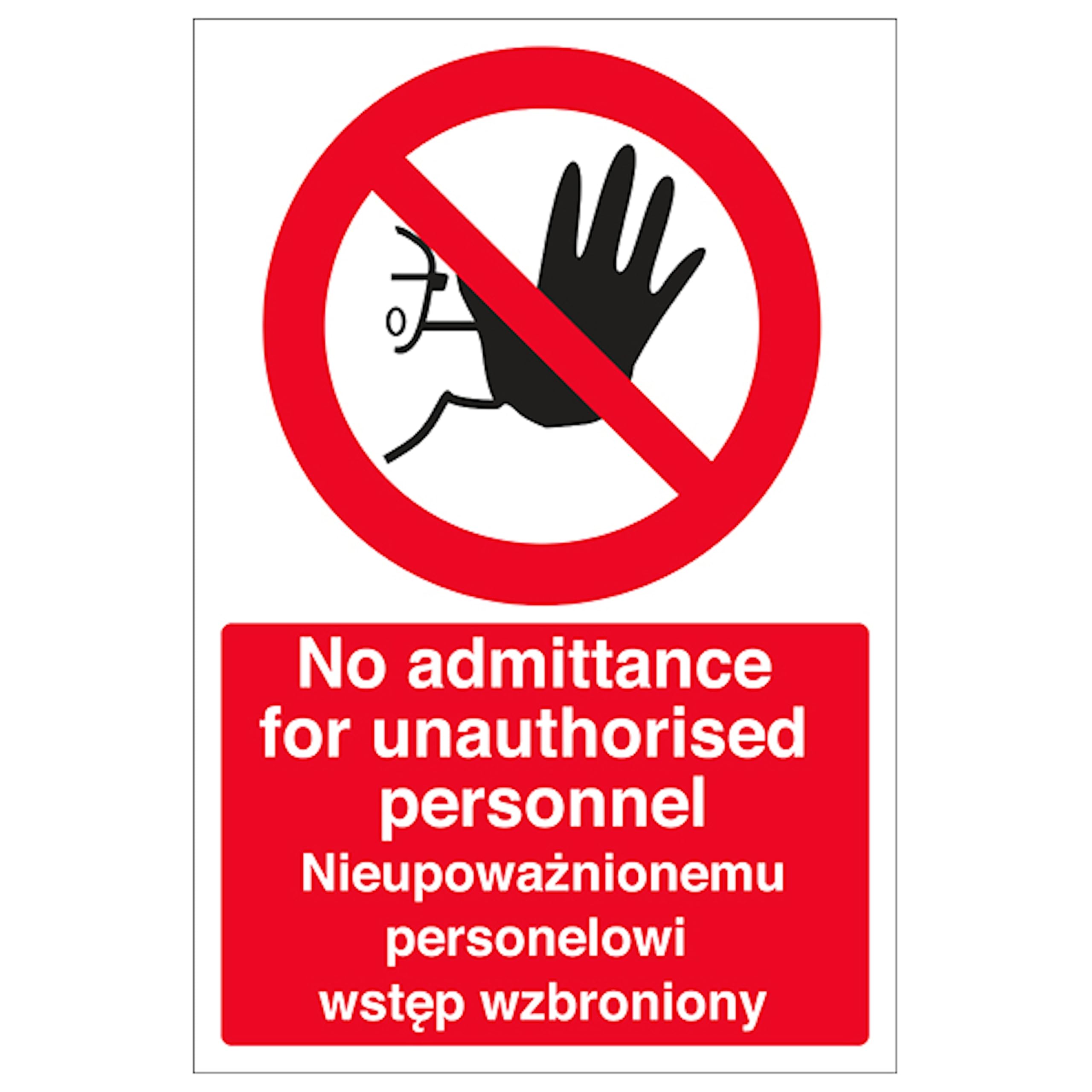 V Safety English/Polish - No Admittance For Unauthorised Personnel 200 x 300mm - 2mm Rigid Plastic Safety Sign