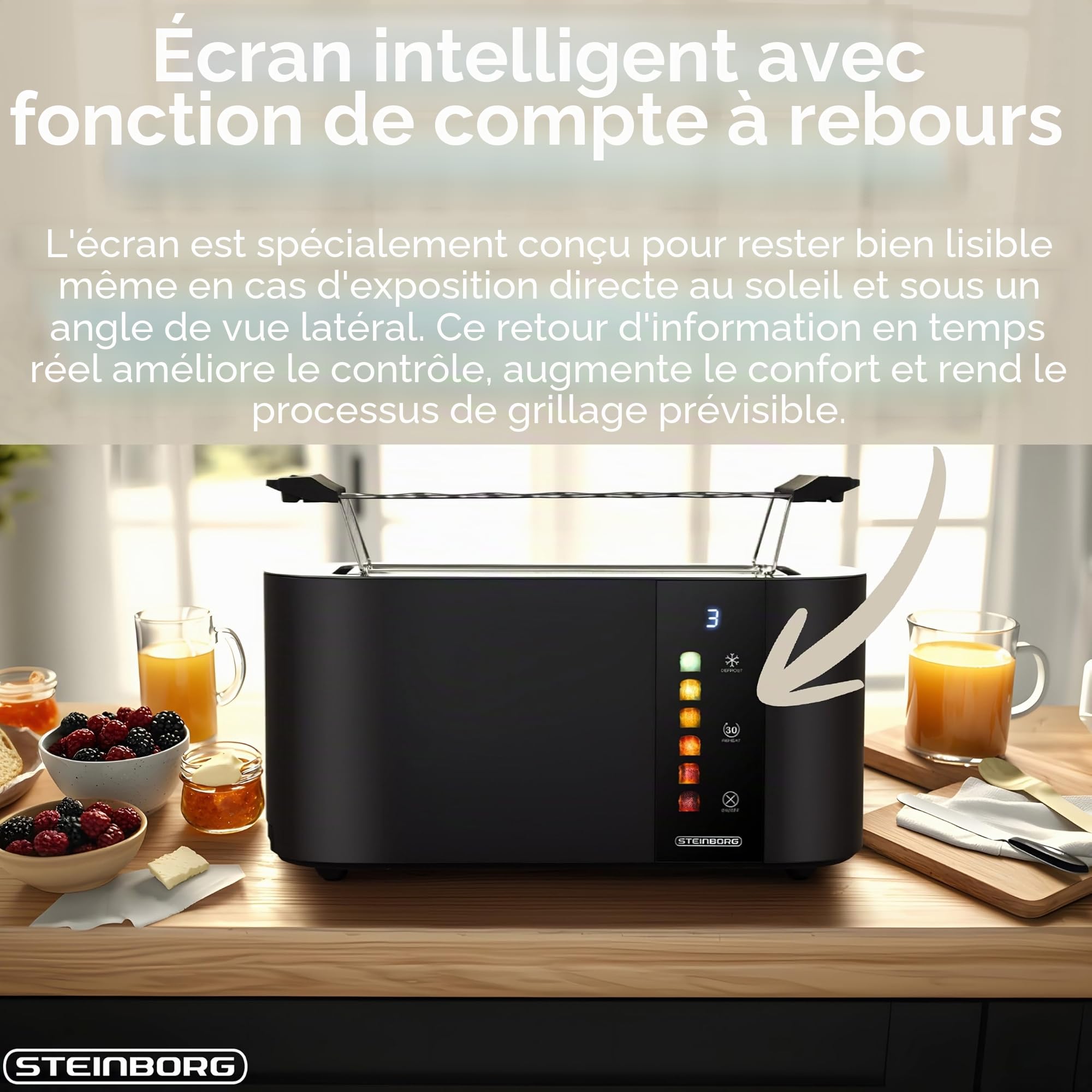 Steinborg® Grille-pain automatique 4 tranches avec grille à viennoiseries, grille-pain à longues fentes, fonction de levage automatique sans levier - Tapis de toast, affichage numérique, centrage du
