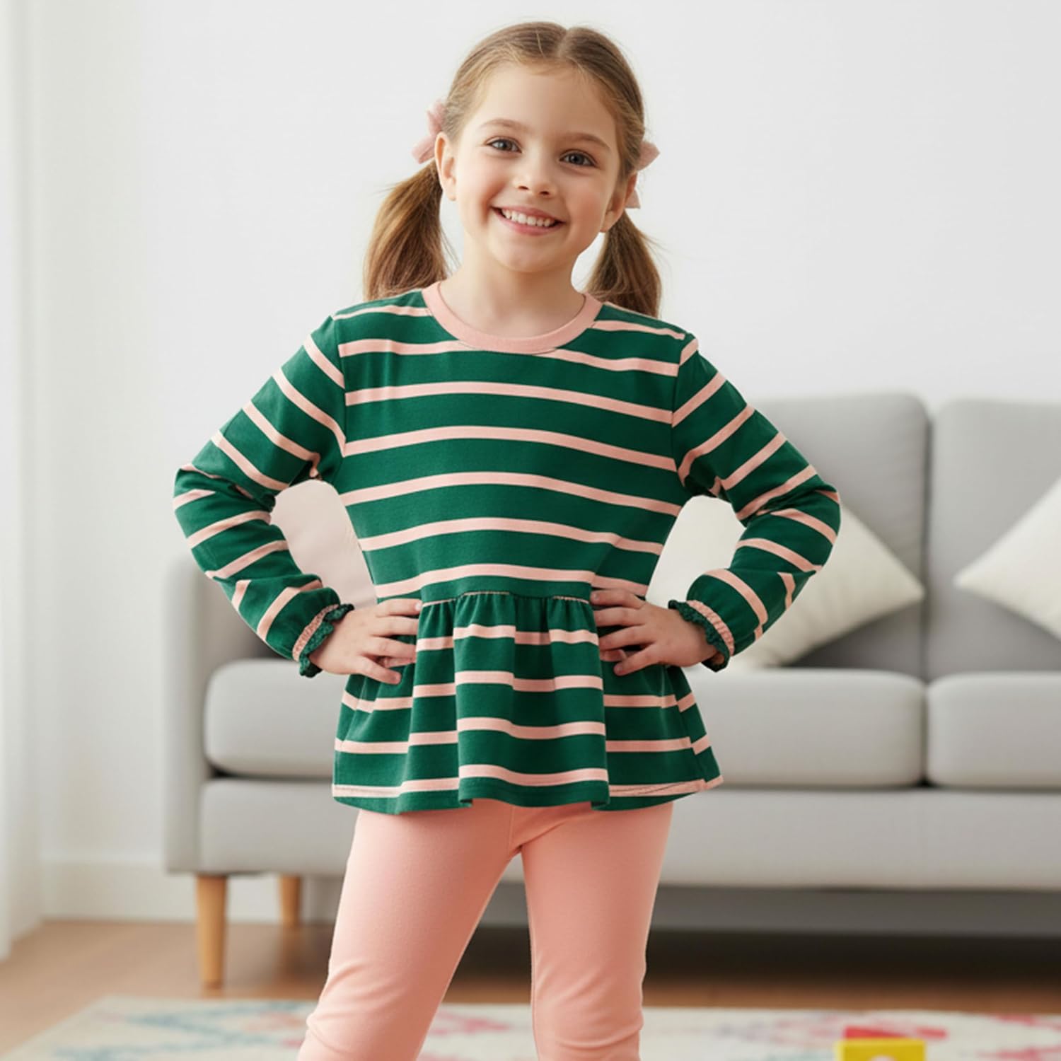 UMELOK Girls Clothing Set 2 Pcs Long Sleeve Ruffle Print Top and Leggings Fall Outfit Size 4-7 Years - Image 3