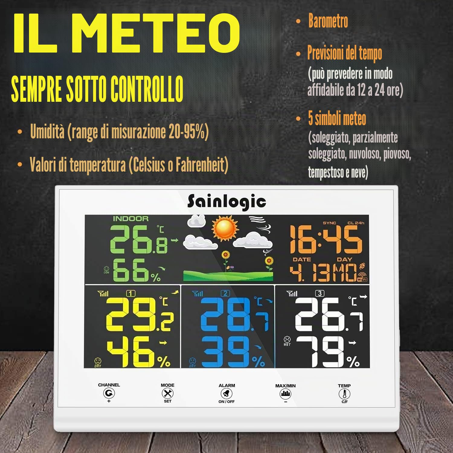 Sainlogic Stazione meteo radio con 3 sensori esterni, previsioni meteo, display a colori, termometro radio, igrometro con sensore esterno