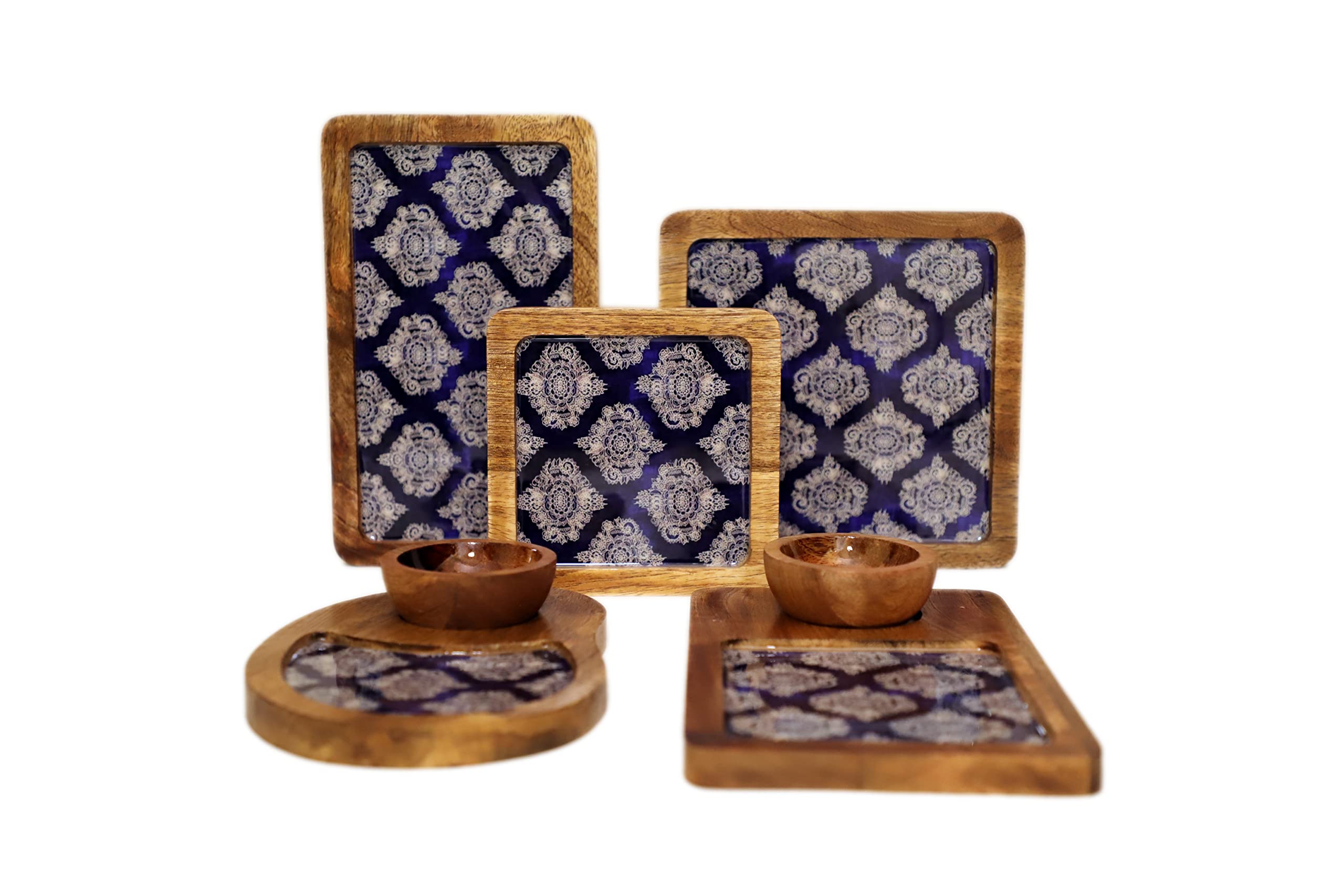 INDIAN ARTISANS Handmade Mango Wood Tray for Serving Snacks | Platters | Appetizer Plate for Dining | Set of 5 Platters and 2 Dip Bowls Combo (Blue Motif)