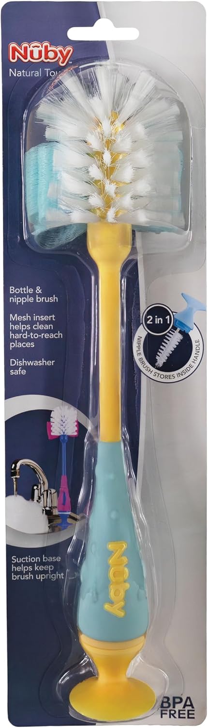 Nuby 2-in-1 Baby Bottle Brush with Stand - Soft Nylon Bristles - Dishwasher Safe - Bottle and Nipple Cleaning Tool - Pink/Purple