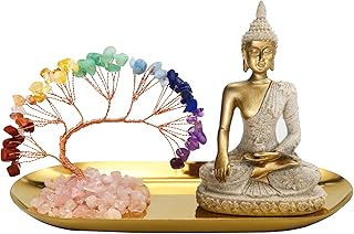 Buddha Statue and Crystal Tree, Yoga Meditation and Zen Decor, Sitting Statue of Sakyamuni in Thailand(4.3 in), for Office, Desktop, Spirit Room Home Decor