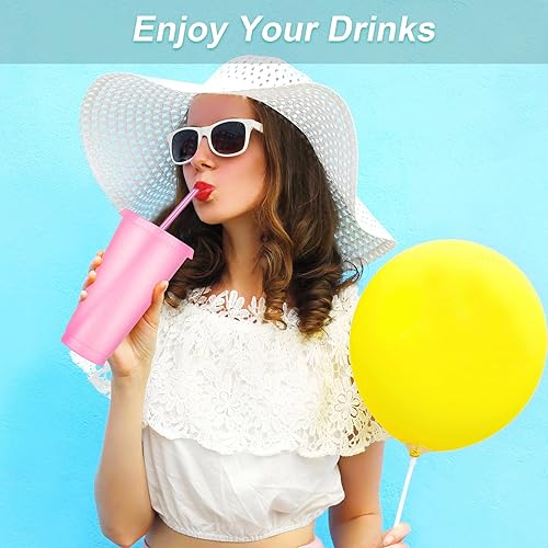 Vista 21 de Paquete de 24 vasos de plástico con tapas y popote, vasos reutilizables con tapas y pajillas, vasos coloridos para bebidas frías, café helado, vasos