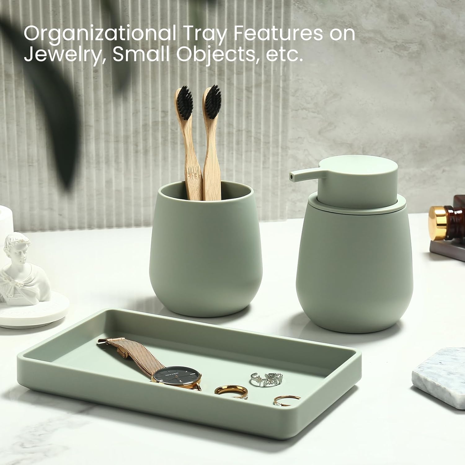 Bathroom Accessories Set, Modern 3 Pcs Bathroom Essentials - Soap Dispenser, Toothbrush Holder & Tray, Countertop Vanity Organizer (Green)