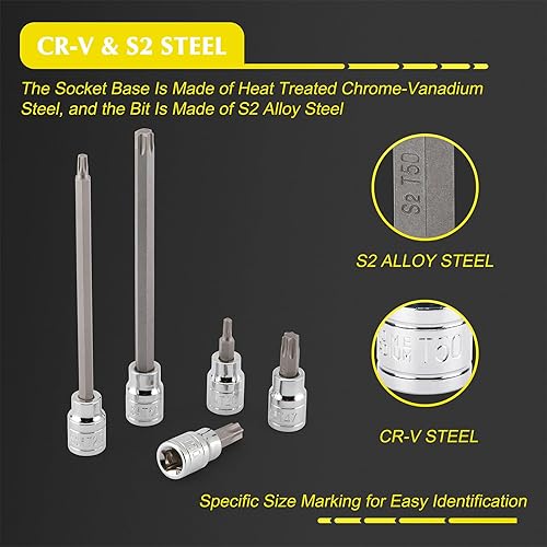 Miniatura 9 de EMENTOL Juego de dados Torx extra largos de 12 piezas, CR-V, acero S2, 5.9 pulgadas de longitud, T10 - T60