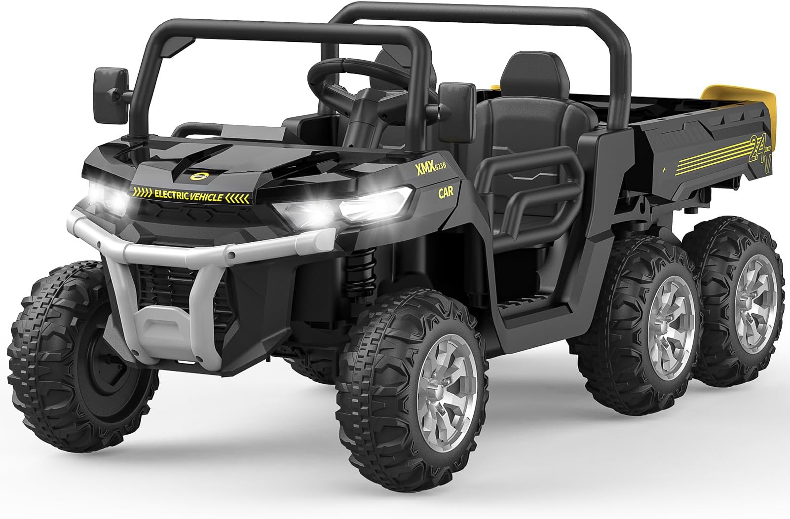Hetoy 24V 2 Seater Ride On Dump Truck with Remote Control, Electric UTV Car with Electric Dump Bed, 4WD Power Ride Cars W/6 Wheels Ride On Toys for Boys Girls (Black)