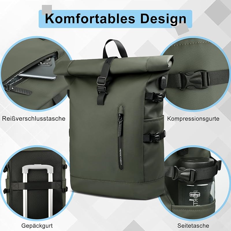 hk Rolltop Vízálló Hátizsák 27L - 15,6" Laptoptartóval, USB Porttal, Lopásbiztos Kialakítás, Unisex Városi Táska Egyetemre, Utazáshoz, Zöld