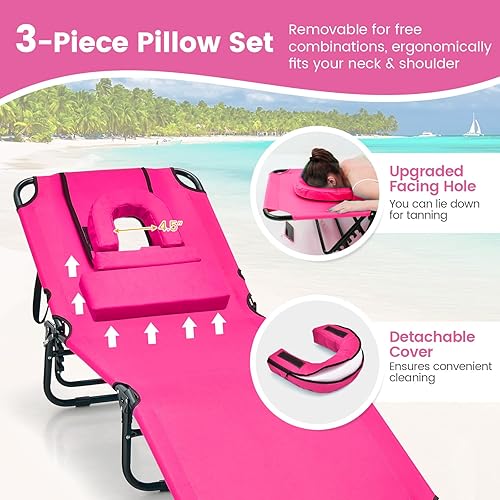Miniatura 43 de Tangkula Sillón de playa, reclinable plegable para tomar el sol con agujero frontal, silla de bronceado boca abajo con respaldo ajustable de 5