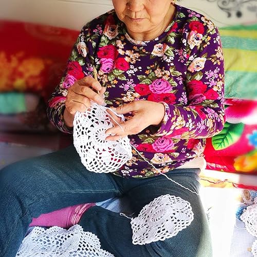 Vista 11 de Damanni Mantel de encaje de ganchillo hecho a mano de algodón beige para mesa, redondo, 23 pulgadas, 2