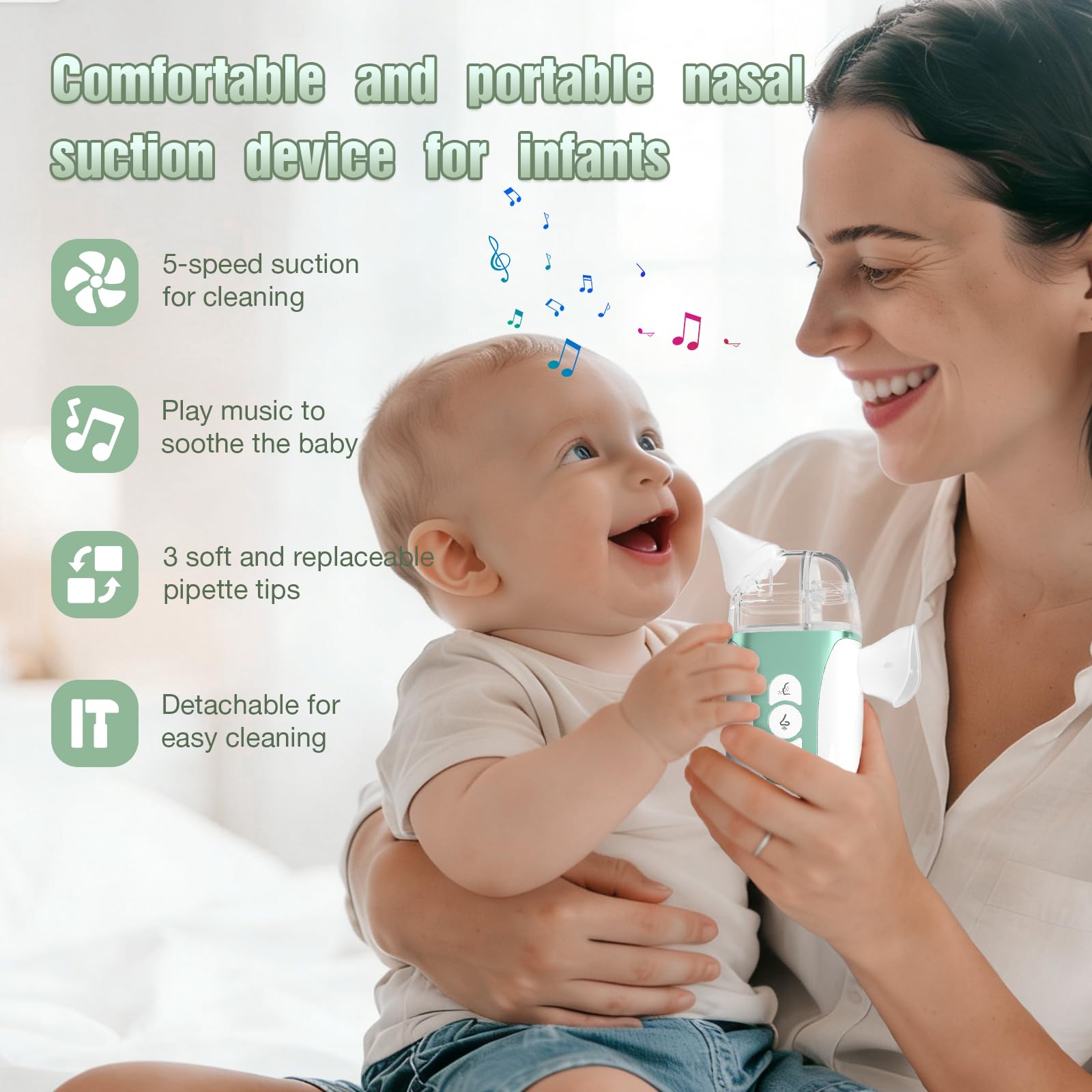 Smart Baby - Aspirador nasal eléctrico 2 en 1 para niños pequeños con aerosol, succión de 5 niveles, música relajante, 2 puntas de silicona, carga USB-C, estuche de almacenamiento, aspirador nasal