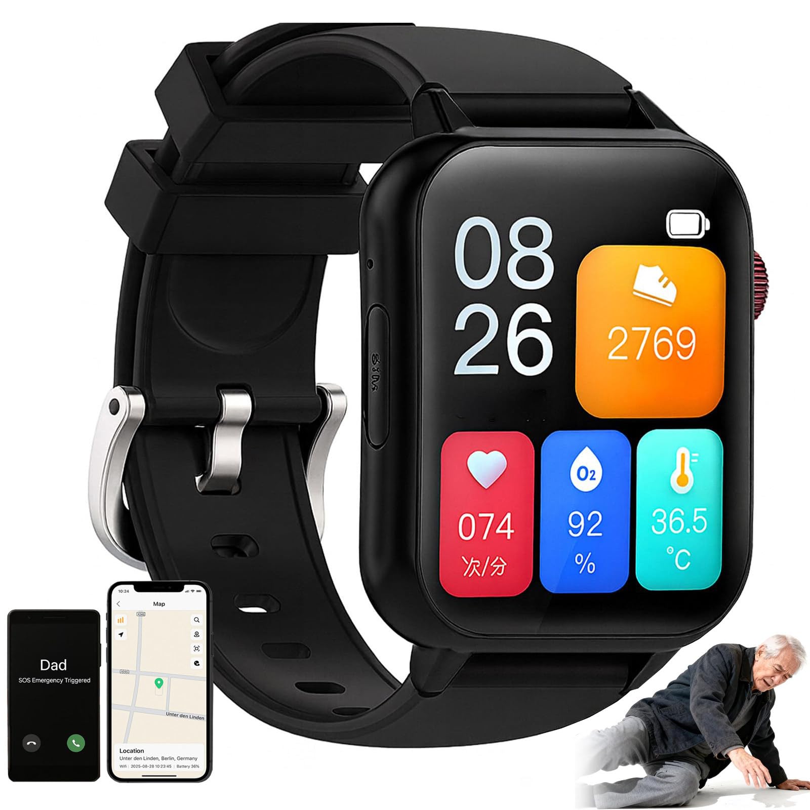 ZHZWwansuGE Fall Detection Watch for Seniors, 1.83'' 4G Senior Smart Watch, SOS Emergency Alert,GPS Tracker,Two-Way Calling, SIM Support, Multiple Languages, for Elderly Safety Black