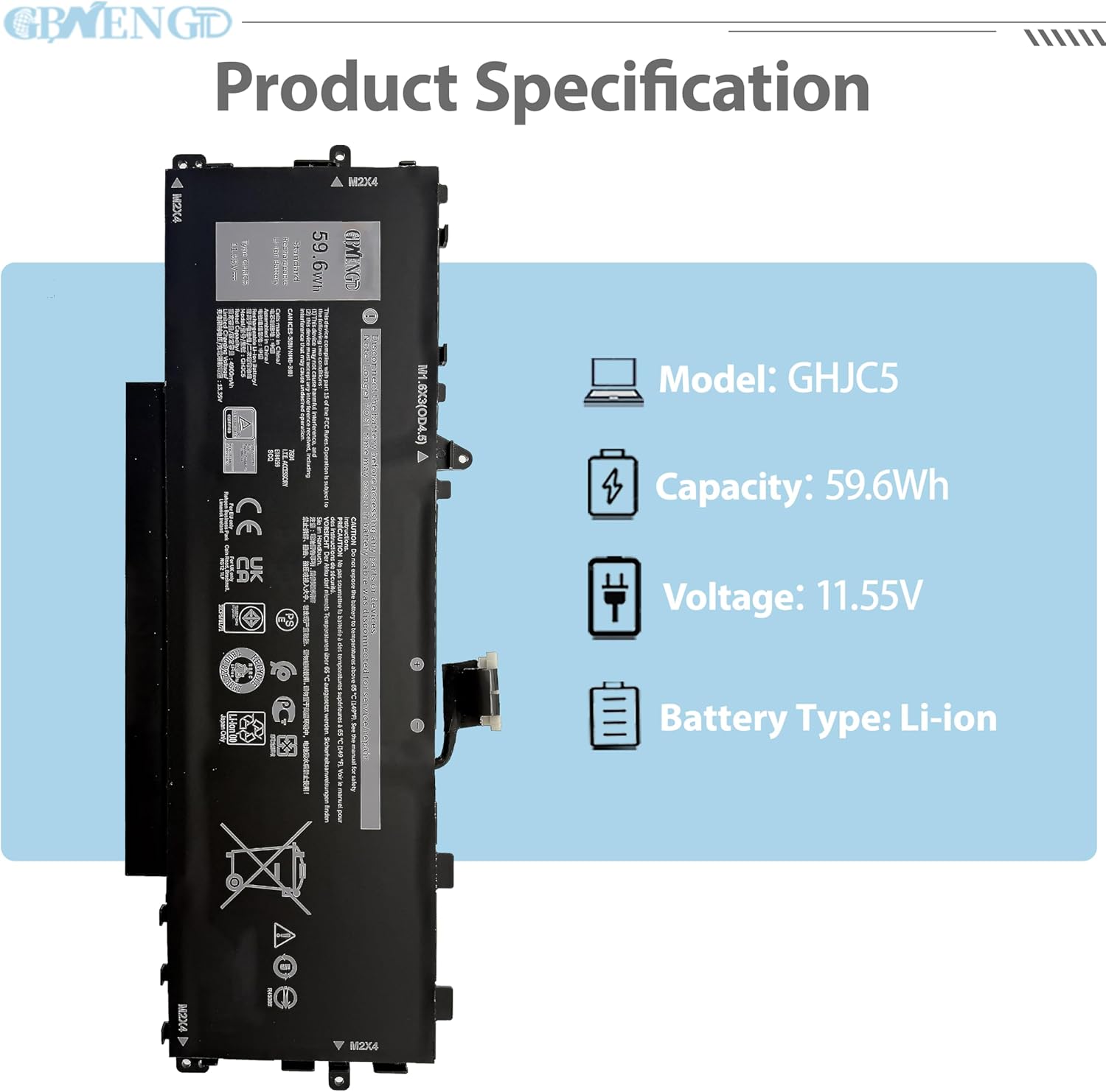 GHJC5 Laptop Battery Replacement for Dell Latitude 9420 9430 2-in-1 Series 0JJ4XT JJ4XT 0VTH85 3VV58 06VJ1F 09YD1V 11.55V 59.6Wh 4900mAh 3-Cells