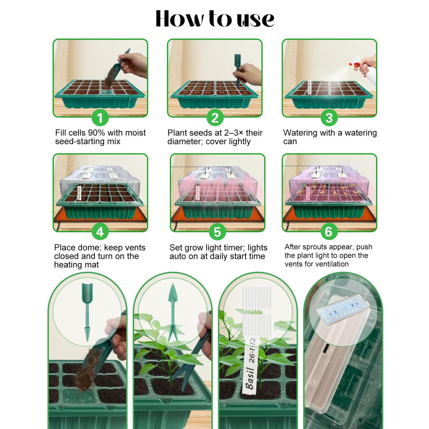 Bandejas de inicio de semillas con luces de cultivo y alfombrilla de calor, paquete de 2 kits de inicio de semillas con cúpula de humedad y controlador de temporización, ventilación y brillo