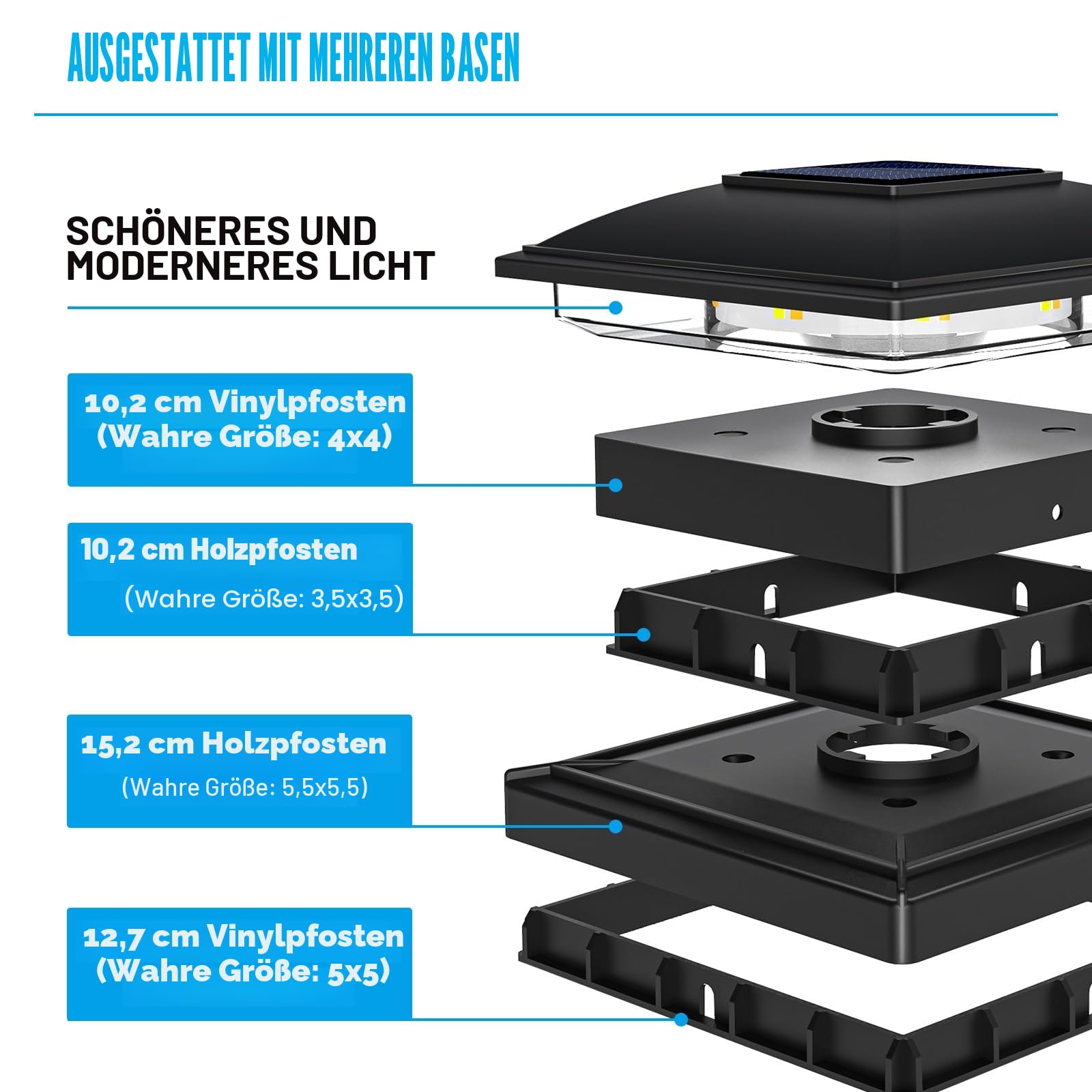 VOLISUN 4 Stück Solar Pfostenkappe für den Außenbereich, wasserdicht, Solarzaun Pfostenleuchten für 8 x 8 9 x 9 10 x 10 cm Holz/Vinyl Pfosten, Solarlampe Außen Säulenlampe für Garten Terrasse Veranda