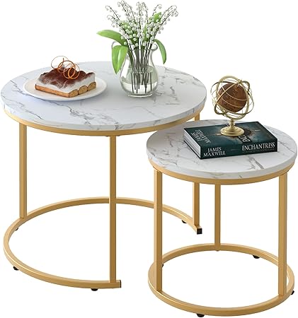 aboxoo Nesting Coffee Table Set White Marble + Gold Frame