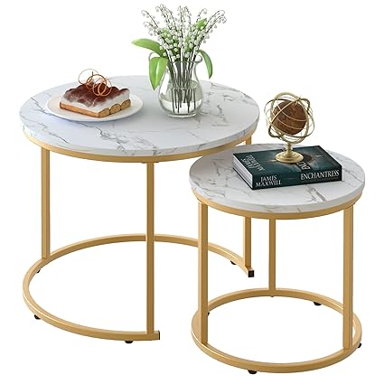 aboxoo Coffee Table Nesting White Set of 2 Side Set Golden Frame Circular Round and Marble Pattern Wooden Tables, Living Room Bedroom Apartment Modern Industrial Simple Nightstand