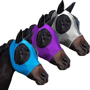 Fly Masks for Horses with Ears Set of 3, Comfort Fit Stretchy Fabric with UV Protection Soft on Skin Breathability for Average Size Horses Blue-Purple-Gray