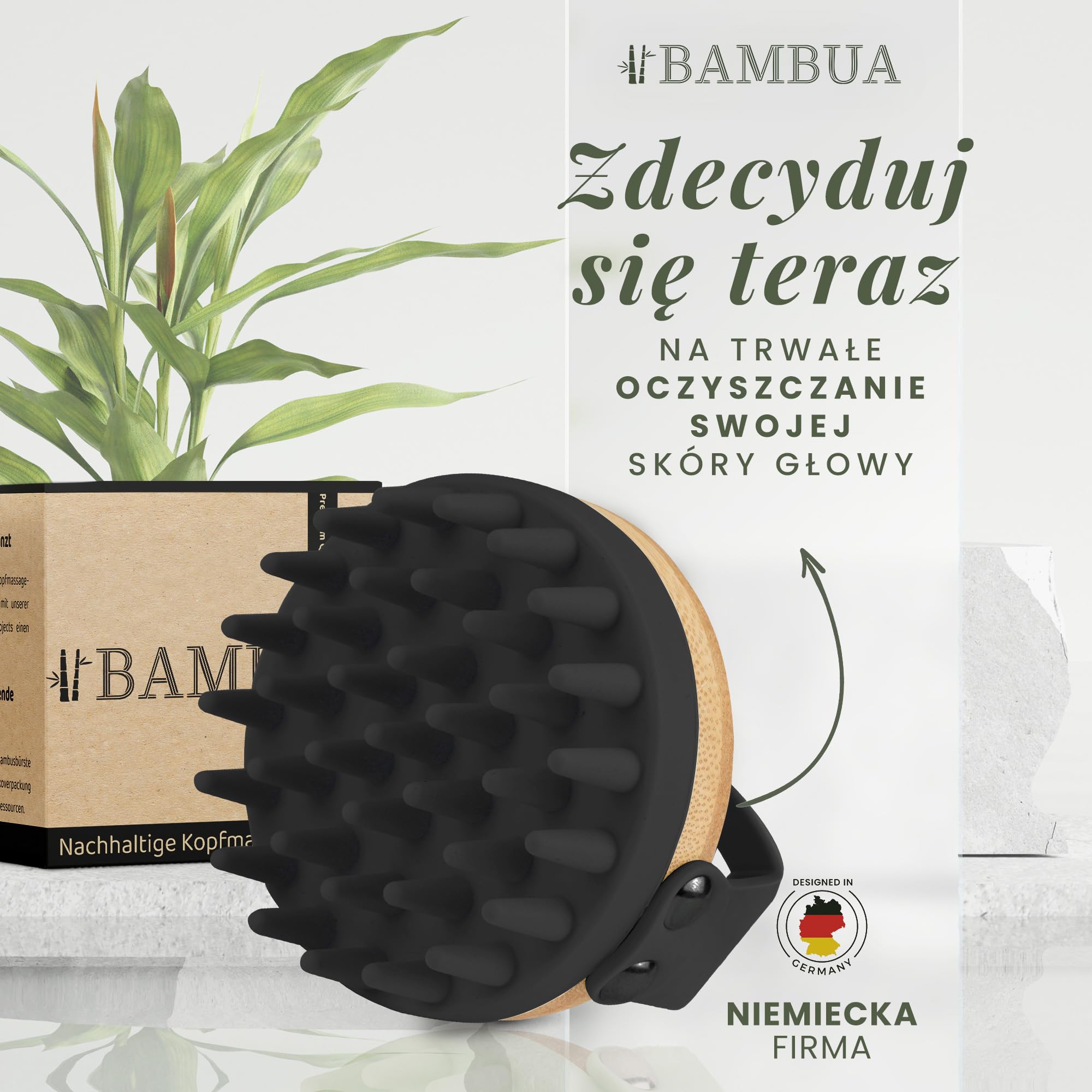 Szczotka do masażu skóry głowy BAMBUA - (efekt przeciwłupieżowy) szczotka do masażu głowy - do masażu skóry głowy podczas prysznica - luksusowy masażer do skóry głowy - w zestawie e-book (czarny)