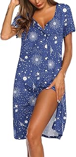 Women's Nightshirt Short Sleeve Button Down Nightgown V-Neck Sleepwear Pajama Dress