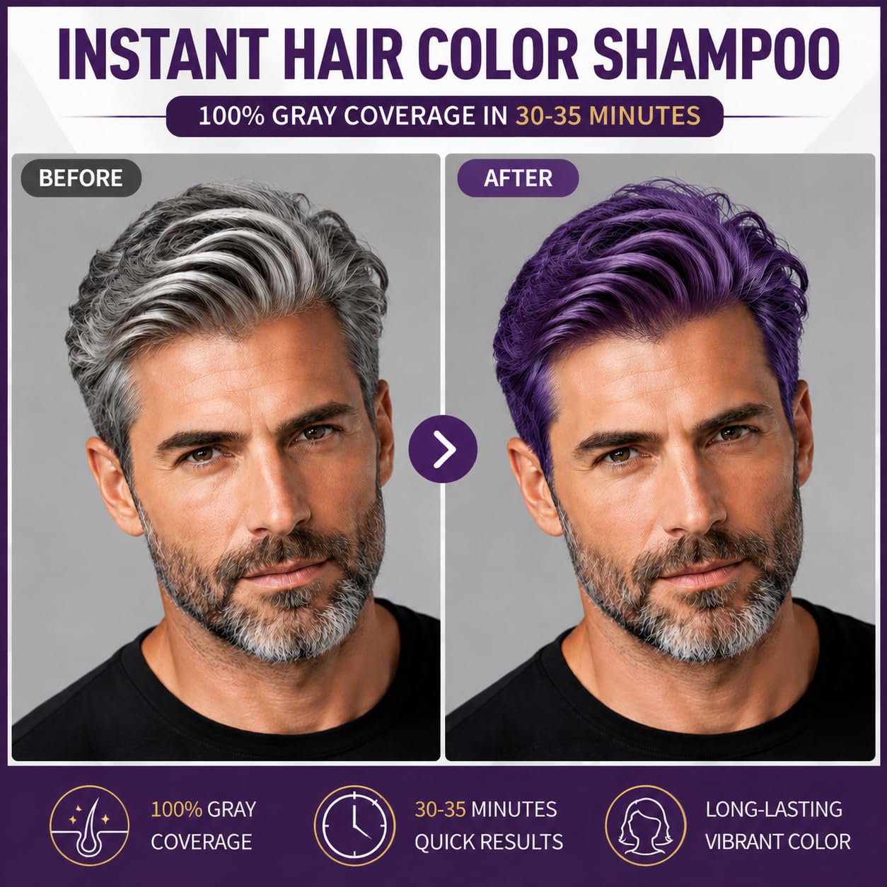 Szampon do farbowania włosów liliowy, 500 ml Purple Hair Dye Shampoo 3 w 1, natychmiastowy szampon do włosów przeciw siwym włosom, szampon do włosów, szampon do włosów, szampon koloryzujący dla