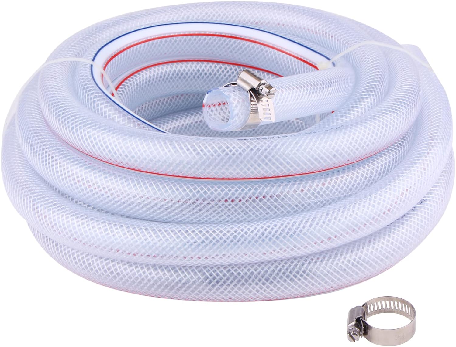 Soft Braided PVC Tubing - 1-1/2" ID x 1-15/16" OD High Pressure Clear Flexible PVC Tube Reinforced Vinyl Hose for Water, Oil with 2pcs Hose Clamps (10Ft)