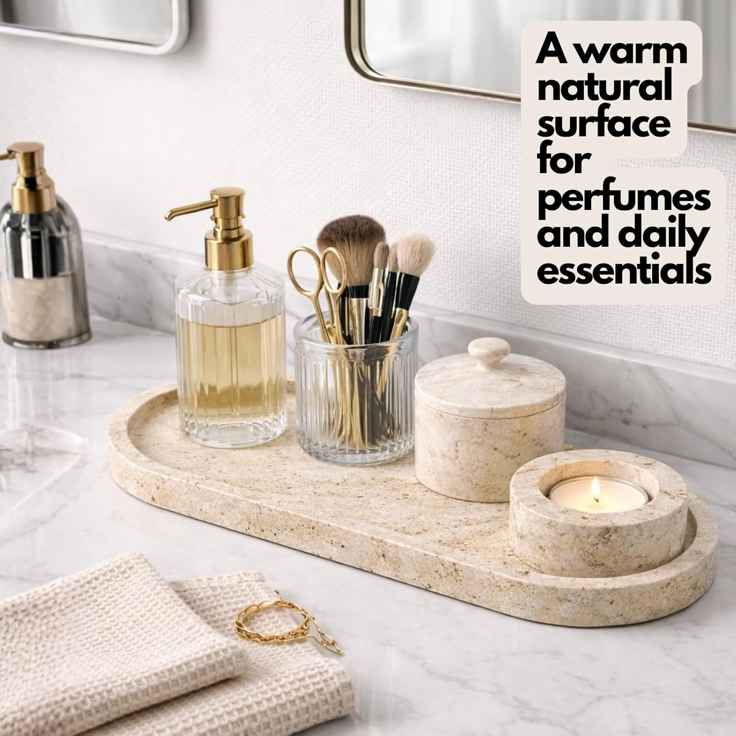Natural Travertine Oval Bathroom Vanity Tray – 12”x6” Stone Tray for Countertop, Perfume & Jewelry Display | Solid 2cm Thick, Authentic Turkish Travertine