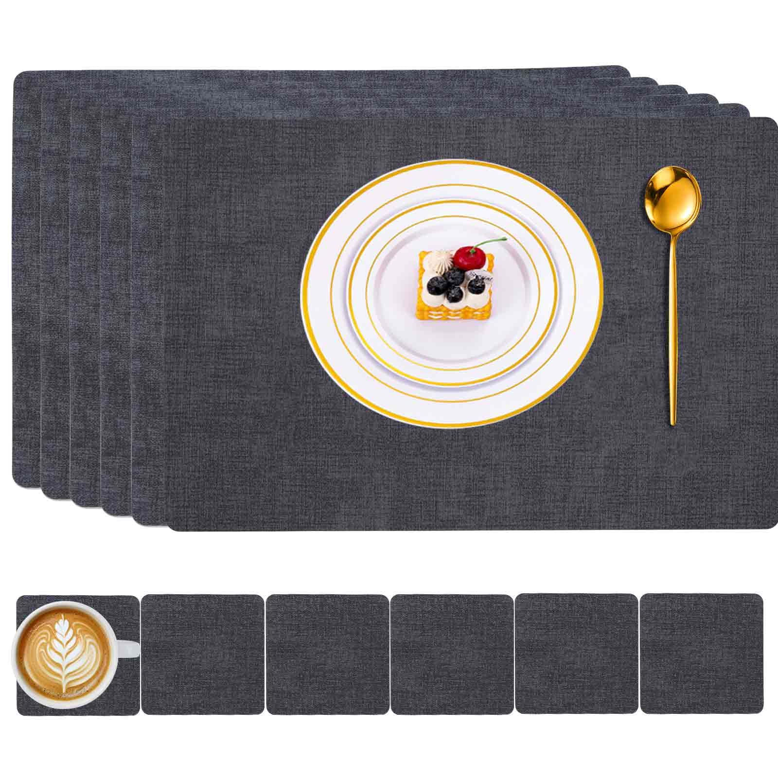 Placemats Set of 6 with Coasters, Heat-Resistant Placemat, 100% Waterproof Oilproof Wipeable Faux Leather Table Mats, PU Dual-Sided Desk Mats for Dining, Kitchen, Restaurant 43x30CM-Dark Gray