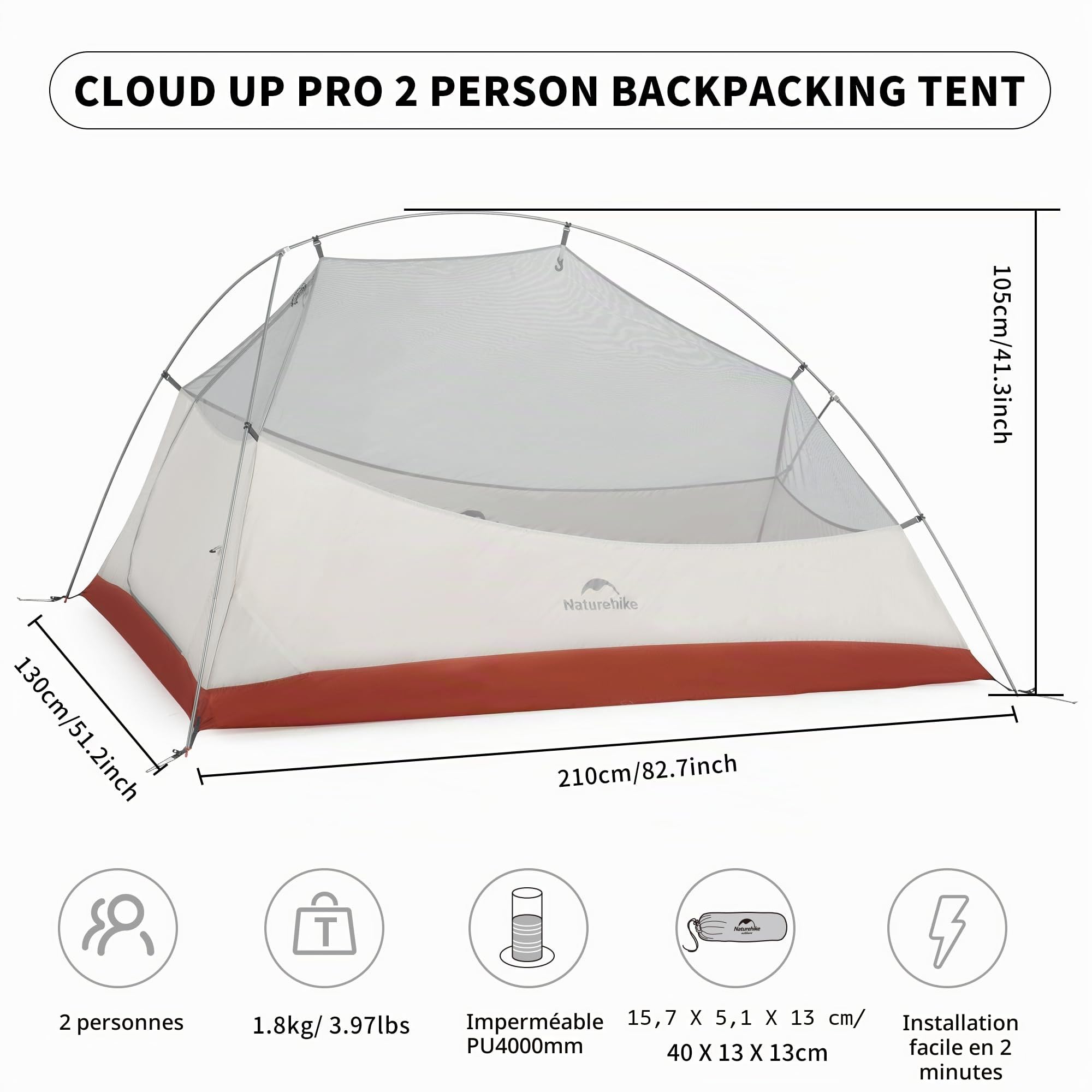 Naturehike Tentes de Camping et Randonnée 2 Personne Ultra Légère Tente Facile à Installer Tentes Dôme Tente 4 Saison Imperméable Ventilée pour Pique-Nique Randonnée