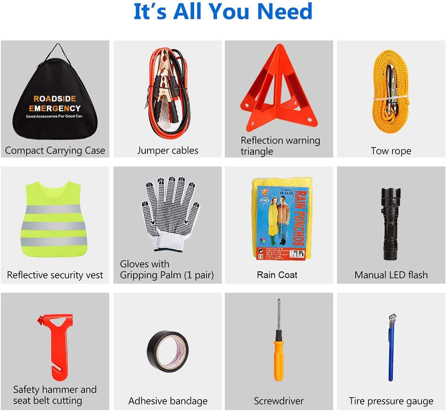 Sailnovo Car Emergency Kit, 76 in 1 Multifunctional Roadside Assistance Car Breakdown Kit with Jumper Cables, Tow Rope, Triangle, Flashlight, Safety Hammer, etc : Automotive