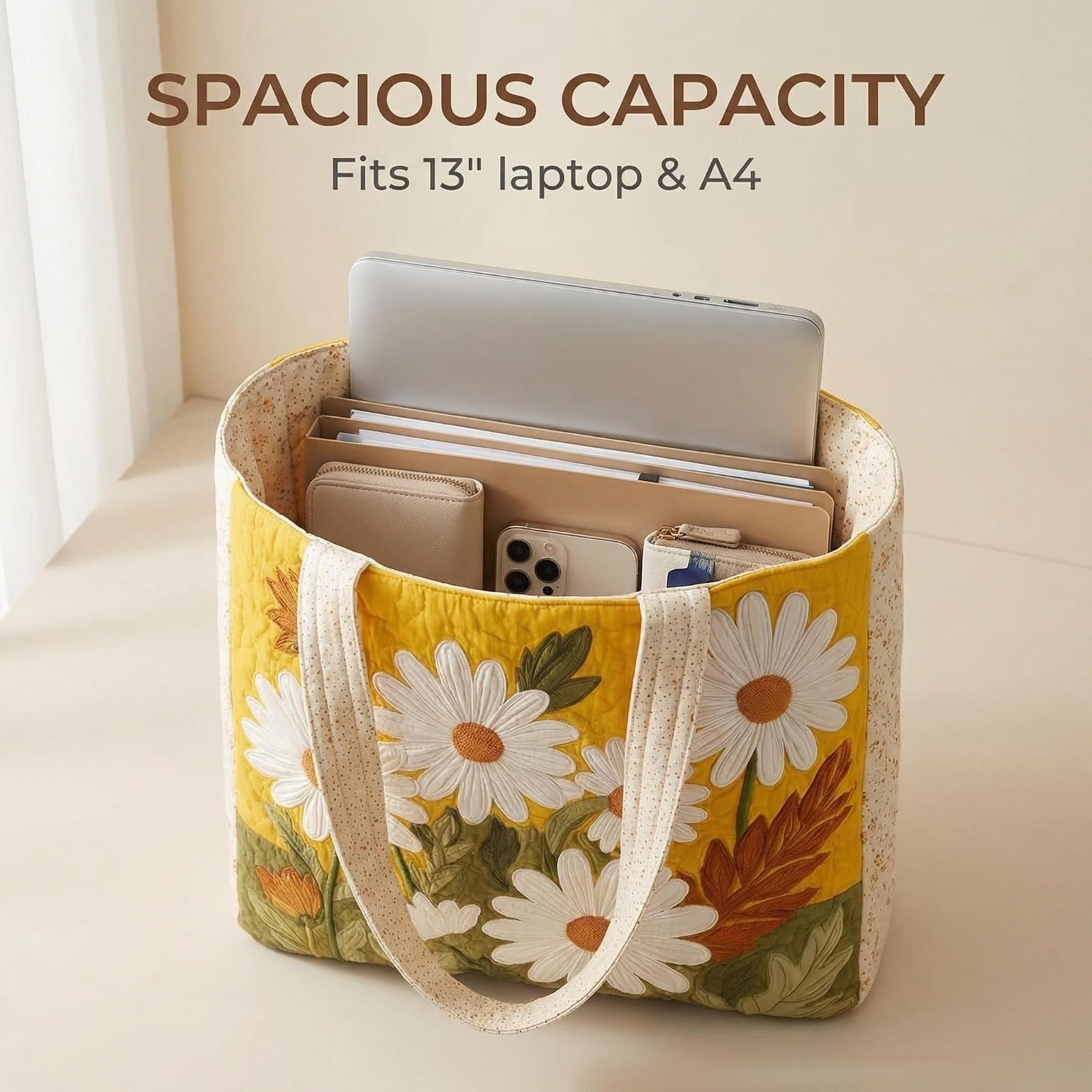 Generisch Borsa shopper da donna – Borsa in tela da donna, borsa da trasporto e borsa in tessuto, spaziosa e casual, con ricamo, manico trapuntato e imbottito, patchwork, riutilizzabile